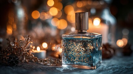 Exquisite glass perfume bottle with ornate gold detailing glows with warm bokeh lights, evoking luxury and elegance
