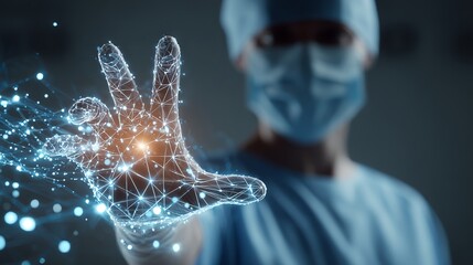 Surgeon's hand manipulates futuristic glowing digital network, symbolizing advanced medical technology and innovation.
