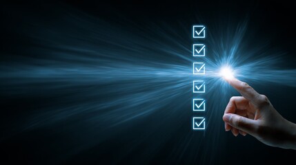 Hand pressing glowing checkbox, signifying completion of tasks and successful project milestones in a futuristic digital interface