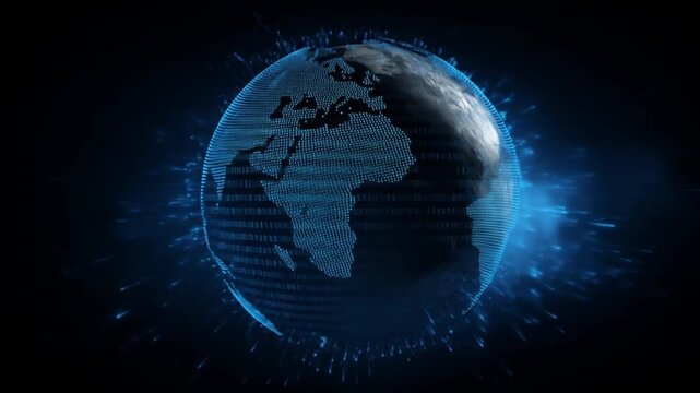 Glowing blue globe with a digital grid, radiating streaks and aurora-like particles. with neon glow