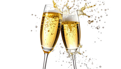 Two champagne glasses clink, creating a bubbly splash