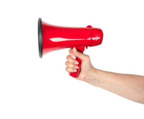 Red megaphone in female hand on transparent background, concept of sale announcement, marketing, special offer, loud message, promotion, business communication