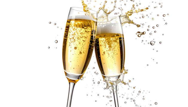 Two champagne glasses clink, creating a bubbly splash