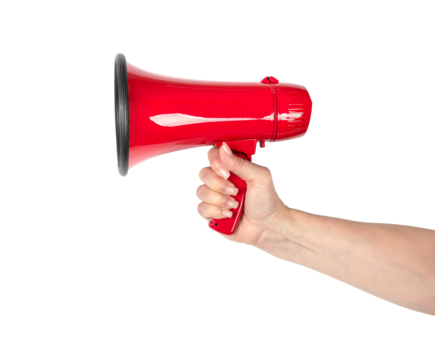 Red megaphone in female hand on transparent background, concept of sale announcement, marketing, special offer, loud message, promotion, business communication