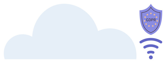 Blue cloud shape, security shield with GDPR text, and wireless icon. Ideal for data privacy, cloud computing, internet security, regulation compliance, information technology, connectivity simple