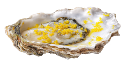 Oyster delicately holds many bright yellow blossoms shellfish becomes art canvas with cheerful yellow blooms