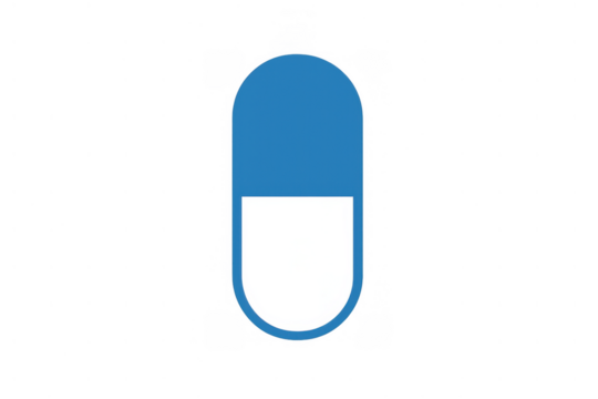 Blue and white capsule icon representing medicine, pharmaceuticals, health, and healthcare concepts with transparent background