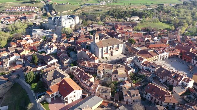 Aerial photo of Simancas with view of residential buildings and castle. Castile and Leon, province of Valladolid, Spain.