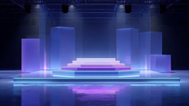 Futuristic stage with glowing geometric shapes and podiums, perfect for product launches or awards ceremonies.
