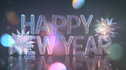 Glowing transparent happy new year text with festive bokeh lights and snowflake decorations