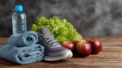 Healthy Lifestyle Essentials: Sneakers, Fresh Apples, Lettuce, Water Bottle, and Towels on Rustic Wood
