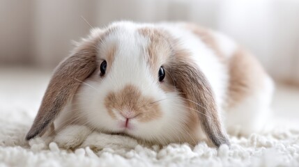Soft bunny rests peacefully on a warm fluffy rug while sunlight streams through the window.