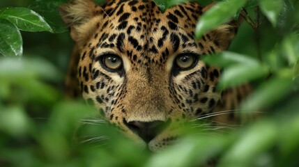 A leopard peers through dense foliage revealing its striking eyes and unique coat pattern in a vibrant jungle.