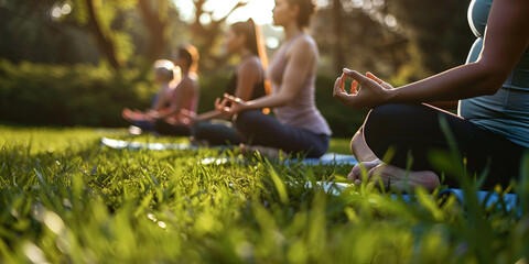 Group Yoga Session in Lush Green Park, Outdoor Yoga Class Amid Nature, Wellness and Fitness Yoga Practice Outdoors