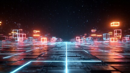 Immersive digital cityscape with glowing neon cubes and futuristic grid under starry night sky, inspiring innovation and connectivity