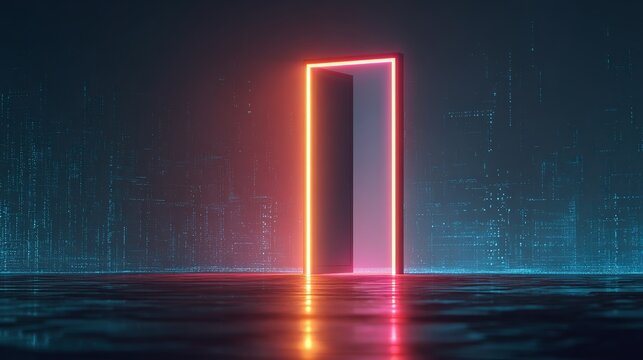 Step into the future with this vibrant neon gateway illuminating a digital cityscape, promising new possibilities and innovation.