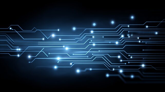 Dynamic glowing blue circuit board lines pulse with energy, representing data flow and technological advancement in a modern digital landscape.