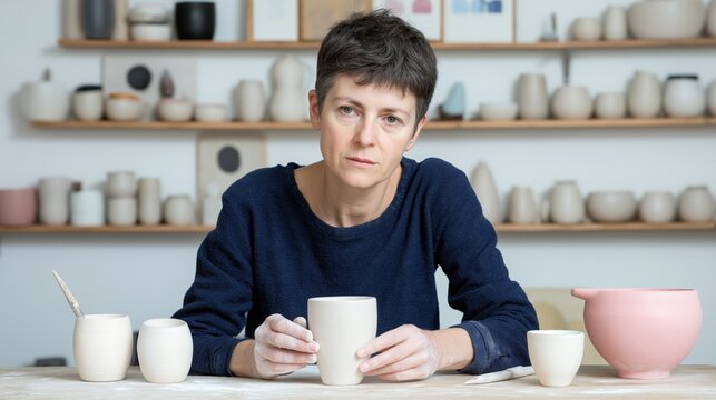 Female caucasian ceramic artist shaping pottery in artisan studio with focused expression