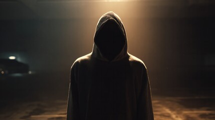 Mystery in the Shadows: A shadowy figure cloaked in a hooded jacket stands in the eerie dimness. The image is a captivating blend of obscurity and enigma.