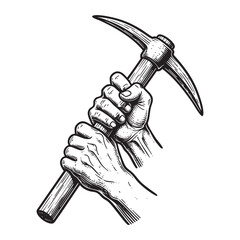 Hands Gripping Mining Pickaxe Tool Engraving Vector Illustration