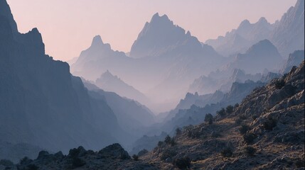 Majestic misty mountain range bathed in soft dawn light, evoking adventure and serene natural beauty.