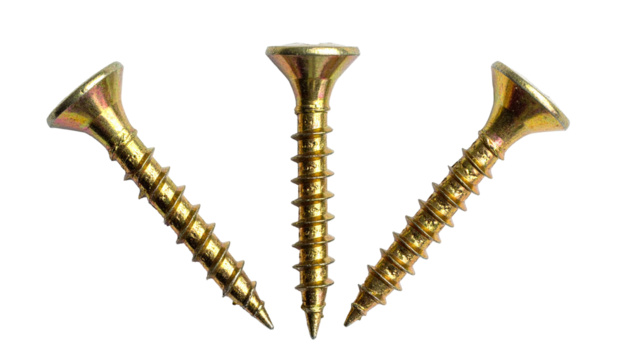 Three shiny gold screws arranged in a radial pattern on black