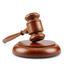 Judge's gavel hammer, used for adjudication, is depicted isolated on a white background, representing concepts of law and justice.