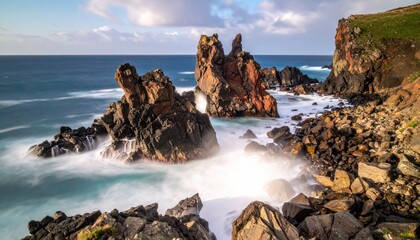Dramatic Rocky Coastline With Crashing Waves Under A Cloudy Sky With Bright Sunlight Highlights On The Water And Rocks