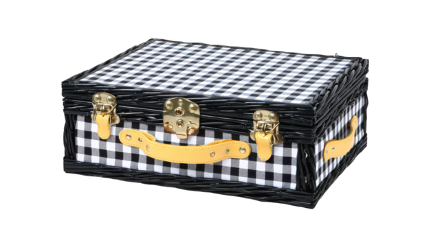 Checkered box with gold handles is visually striking gold handles complement the box s checkered exterior
