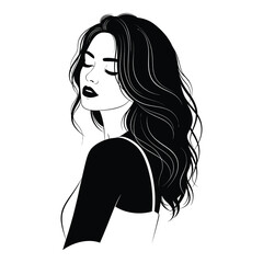 Elegant woman with flowing dark hair and closed eyes, exuding serene beauty and timeless style, perfect for fashion and lifestyle projects.