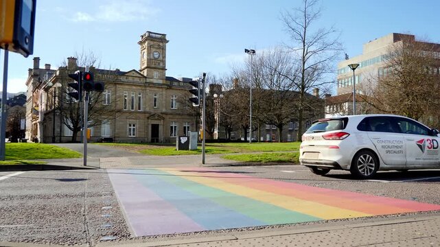 LGBTQ+ pedestrian crossing near Customs House in Derry Londonderry City in the North of Ireland