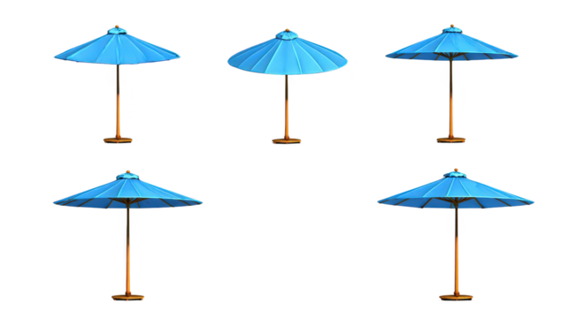 Blue umbrella sits atop three other colorful umbrellas four closed umbrellas are neatly arranged blue one on top