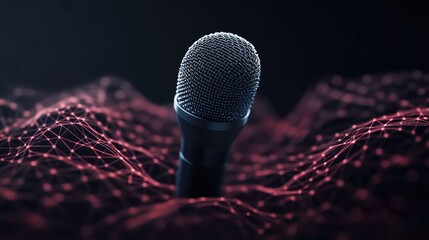 The diaphragm of a studio microphone, vibrating with invisible sound waves that are visualized as shimmering, colorful particles, abstract audio concept,