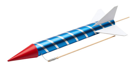 A blue and red toy rocket isolated on transparent background, ready for imaginary space missions and inspiring young astronauts to explore the cosmos