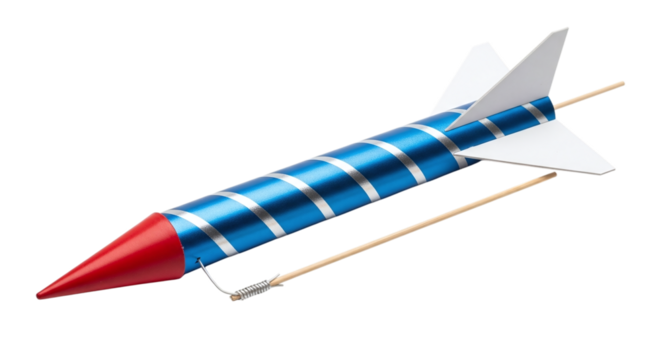 A blue and red toy rocket isolated on transparent background, ready for imaginary space missions and inspiring young astronauts to explore the cosmos