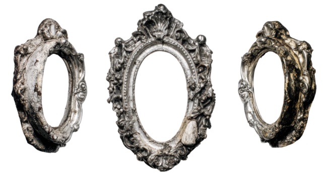 Three silver frames are displayed on a black background minimalist art features three reflective silver frames clearly