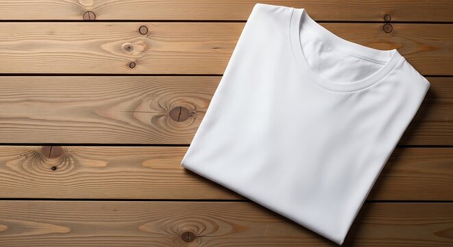 Folded white tshirt lying on a wooden table