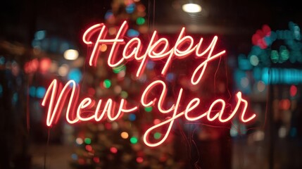Vibrant neon sign reads happy new year with blurry festive lights in the background at night
