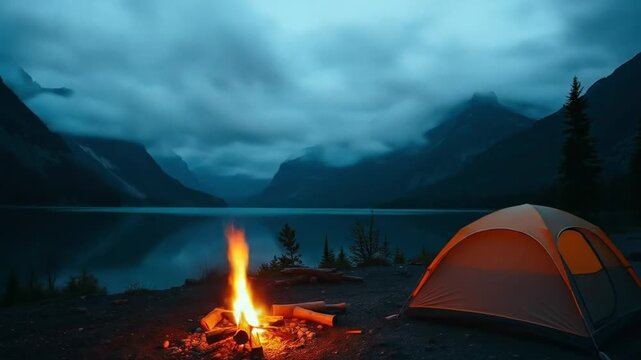 Camping by a peaceful lake with a cozy tent and a crackling campfire amidst majestic mountains. 4k video