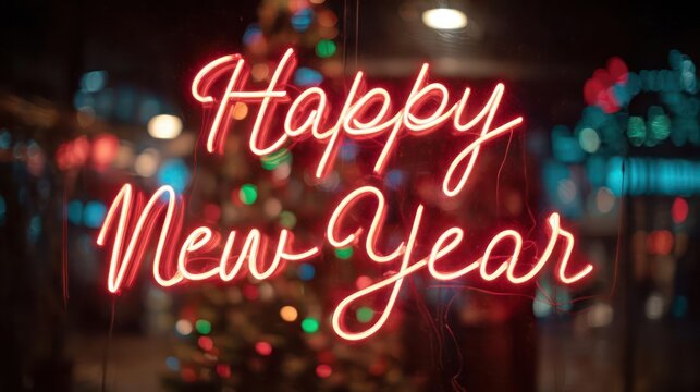 Vibrant neon sign reads happy new year with blurry festive lights in the background at night