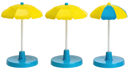 Three umbrellas stand against black background umbrellas displayed on stand in studio with dark backdrop