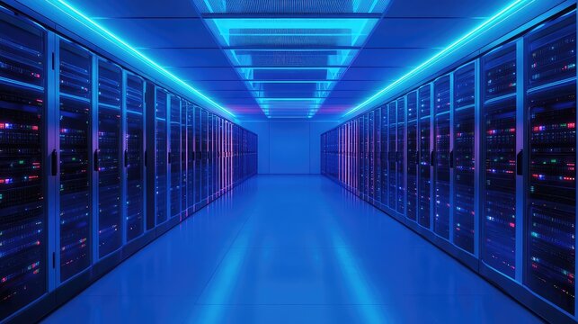 The empty, quiet data center of a web hosting company, with rows of server racks from different clients, each with a small, discreet logo. 