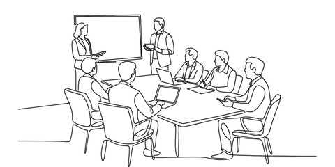 Continuous line art illustration of a diverse business team collaborating in a corporate meeting, discussing strategy and innovative ideas Vector