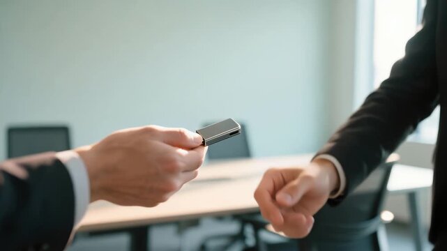 Businessmen in modern office engage in collaboration, exchanging metallic USB drive that highlights latest technology in corporate environments