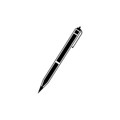A black and white graphic illustration of a pen, angled slightly, with a clip.