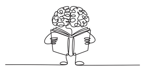 Continuous line drawing of a brain reading a book, symbolizing knowledge, education, learning, mental development, on a clean white background. Vector