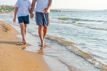 Man and a boy are walking on the beach