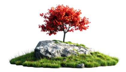 Red maple tree atop mossy rock, black backdrop, isolated
