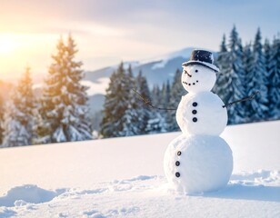 Obraz premium A snowy snowman in a wintry landscape with evergreen trees and sunlight