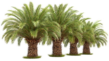 Three palm trees stand tall with vibrant green leaves tropical landscape features three palms reaching skyward